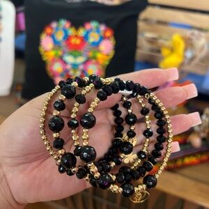 Elegant Black and Gold Beaded Bracelet Set
